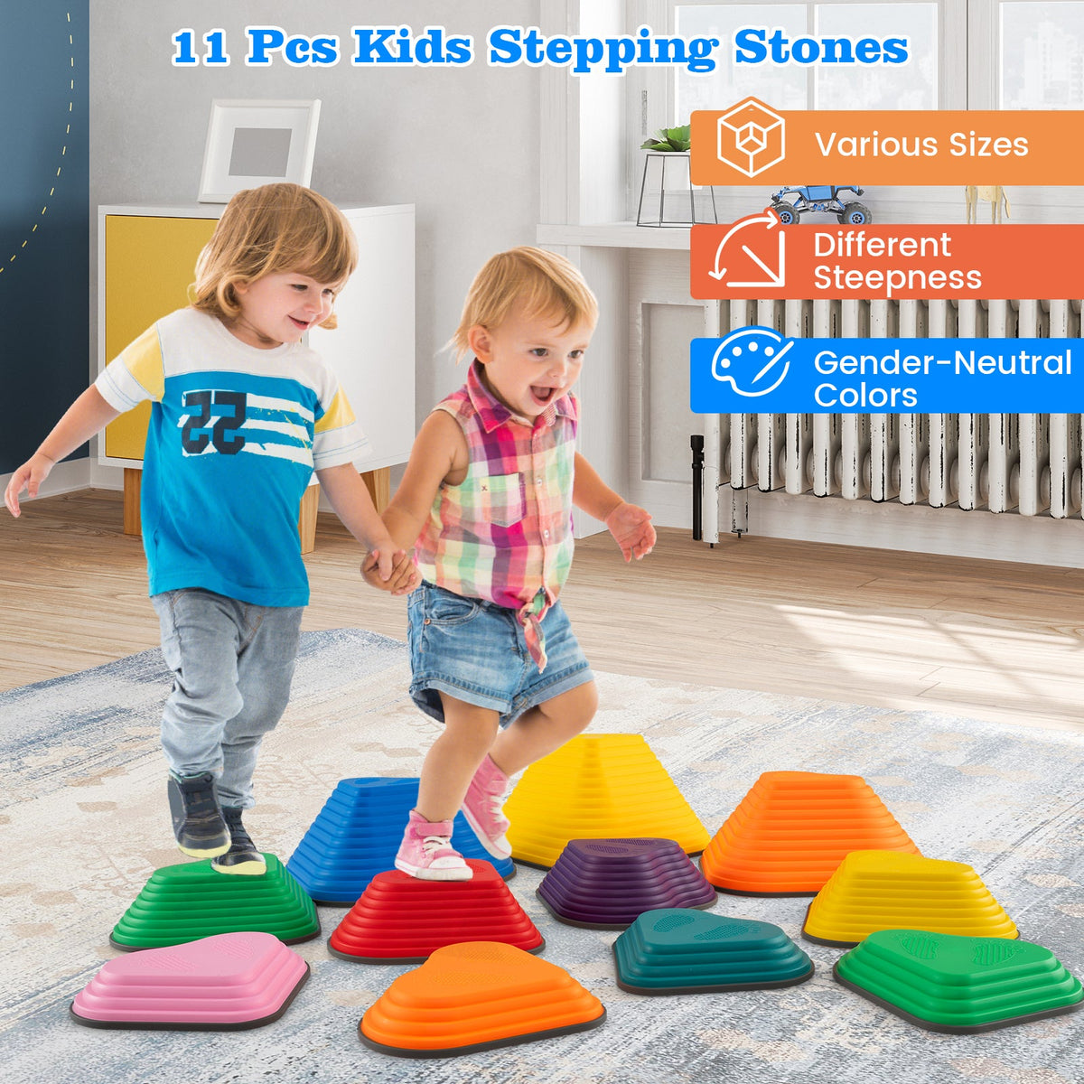 11 Pieces Kids Stepping Stones Stackable Balance Blocks Indoor Outdoor-Multicolor