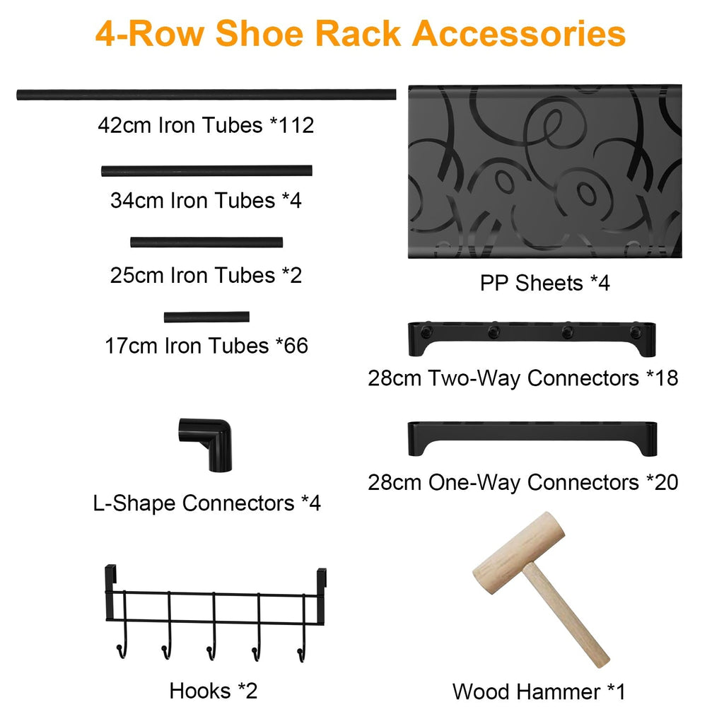 8-Tier 4-Row Shoe Rack Metal Shoe Storage Shelf Free Standing Large Shoe Stand 56 Pairs Shoe Tower Unit Tall Shoe Organizer with 2 Hooks for Entryway