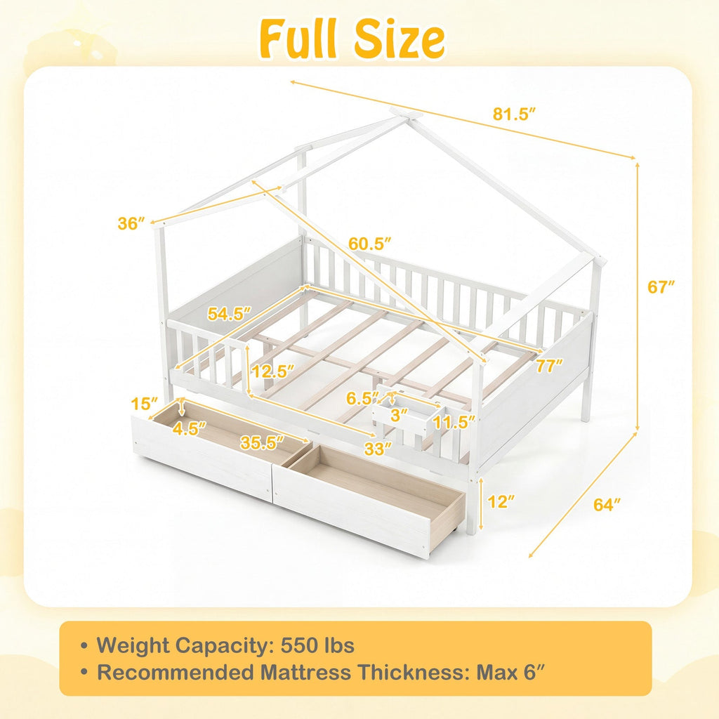 Full Size House Bed with Roof and Fence Rails for Kid